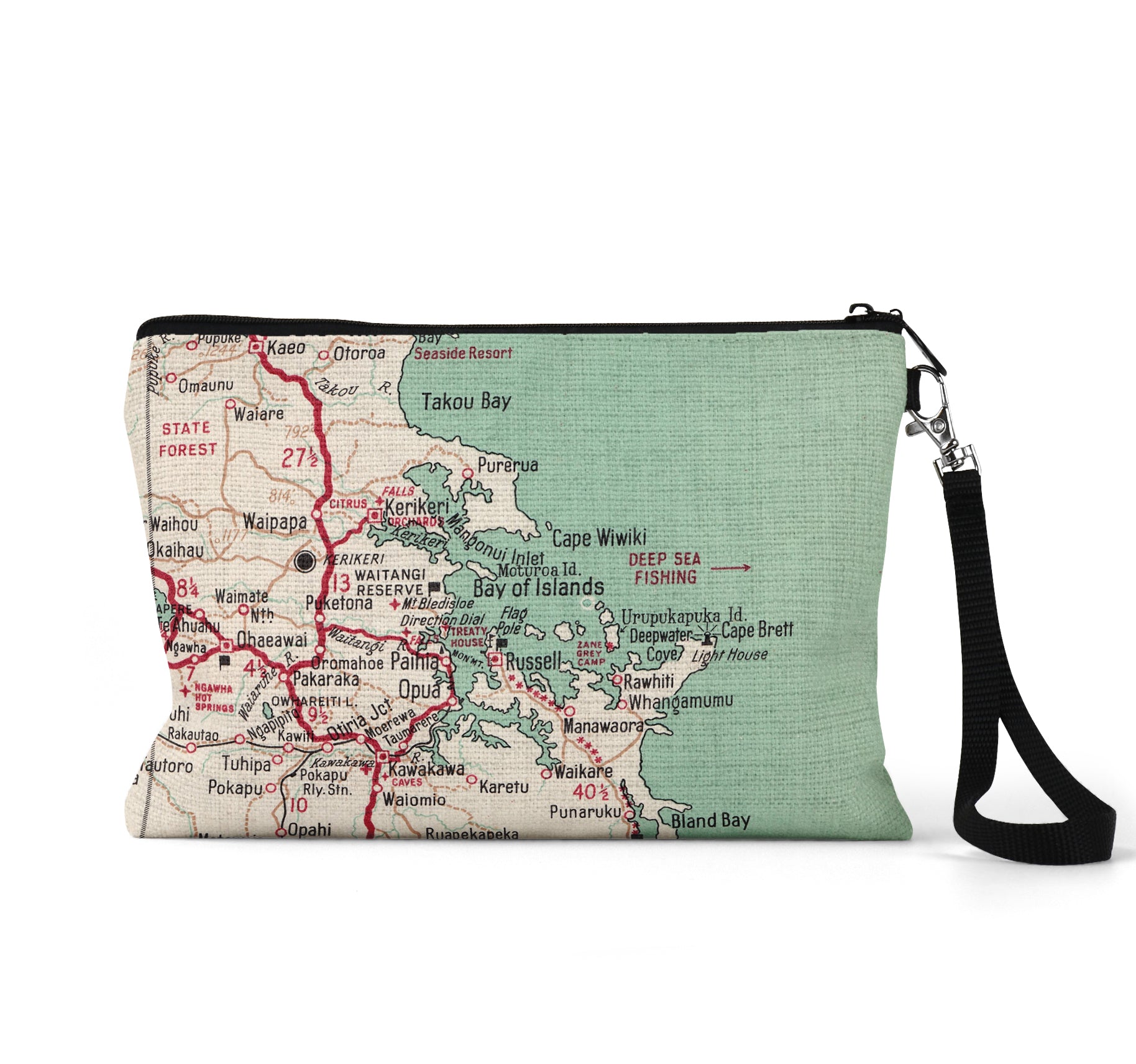 Bay of Islands New Zealand map wristlet travel pouch