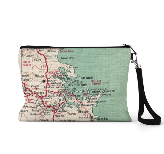 Bay of Islands New Zealand map wristlet travel pouch