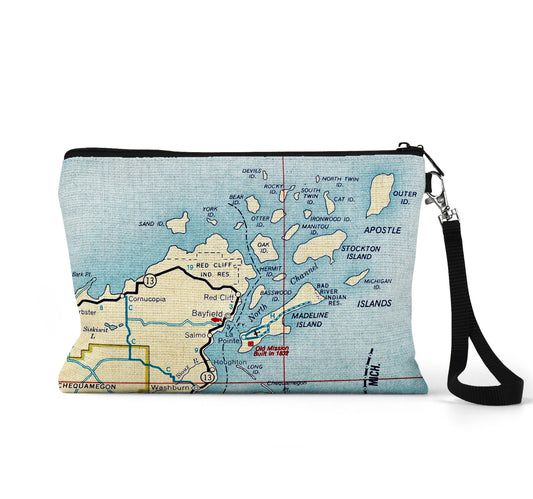 Bayfield Wisconsin map wristlet travel pouch