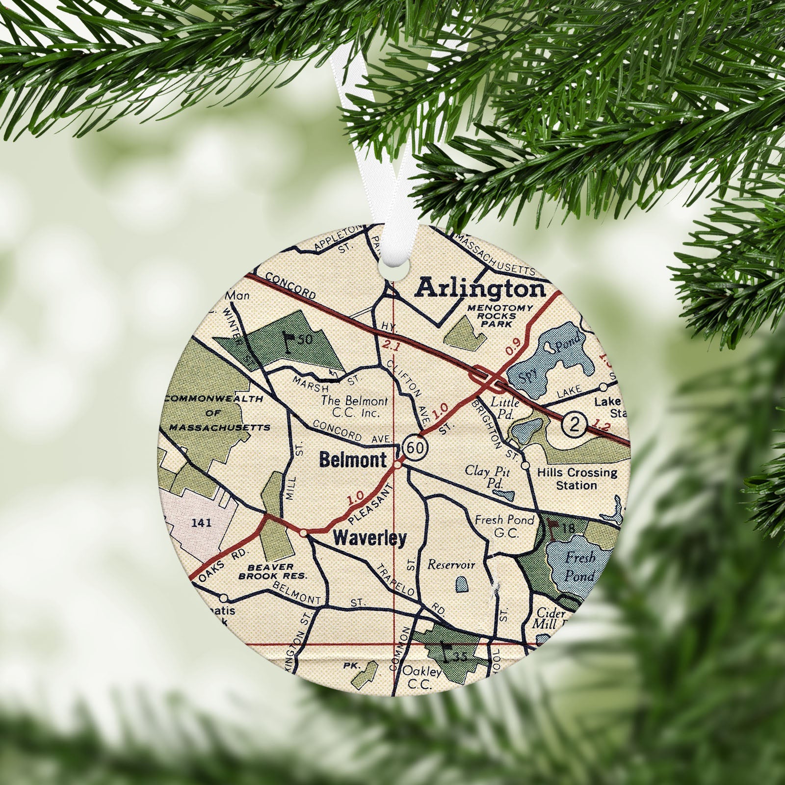 Belmont Massachusetts Vintage Map Ornament