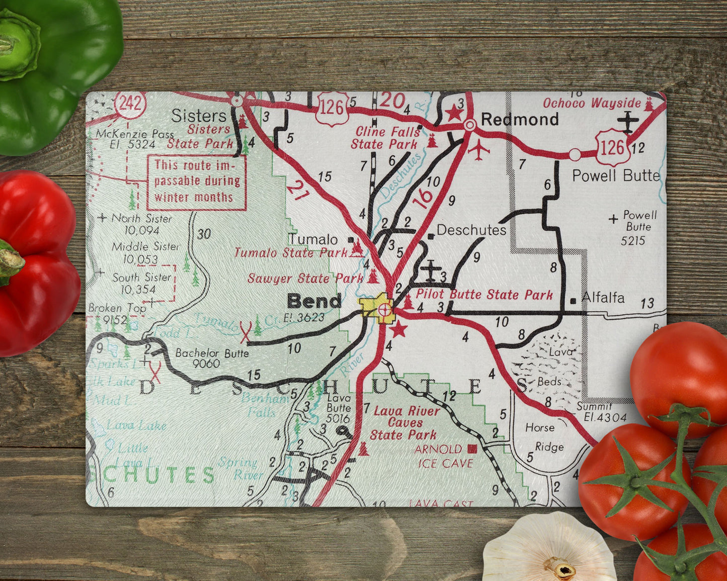 Bend Oregon Vintage Map Glass Cutting Board