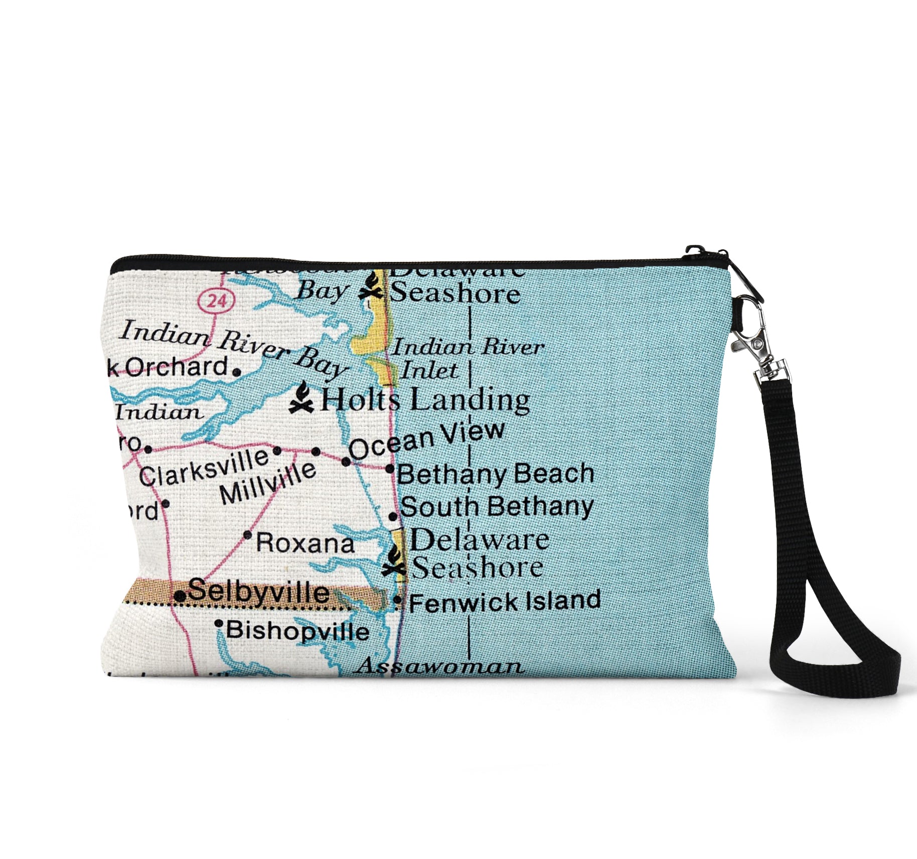 Bethany Beach Delaware map wristlet travel pouch