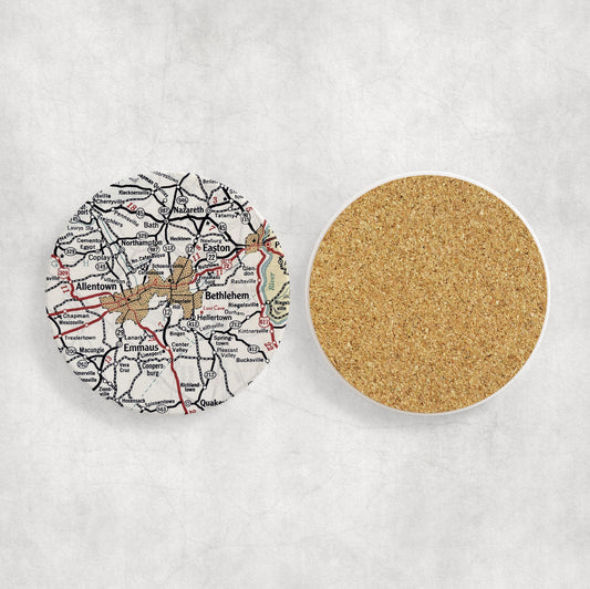 Bethlehem Pennsylvania Map Coasters | Set of 4 Vintage Bethlehem Pennsylvania Drink Coasters | Travel-Inspired Home Decor