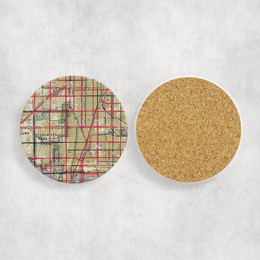 Beverly Chicago Illinois vintage map ceramic coaster with cork backing