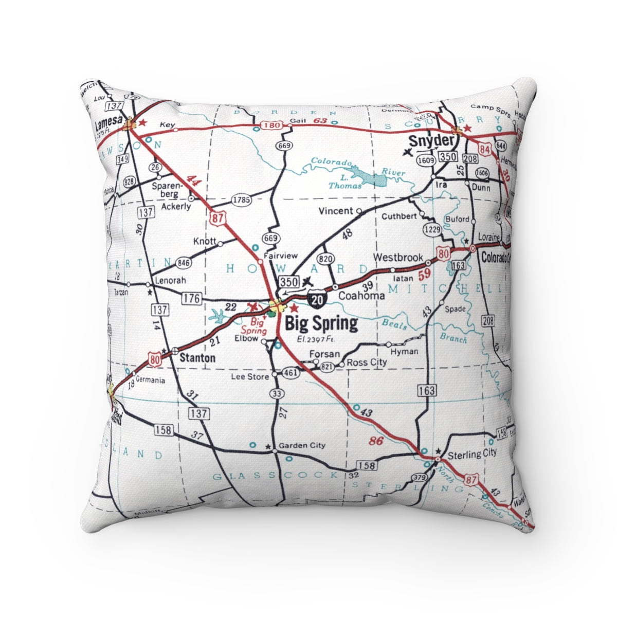 Big Spring Texas vintage map pillow