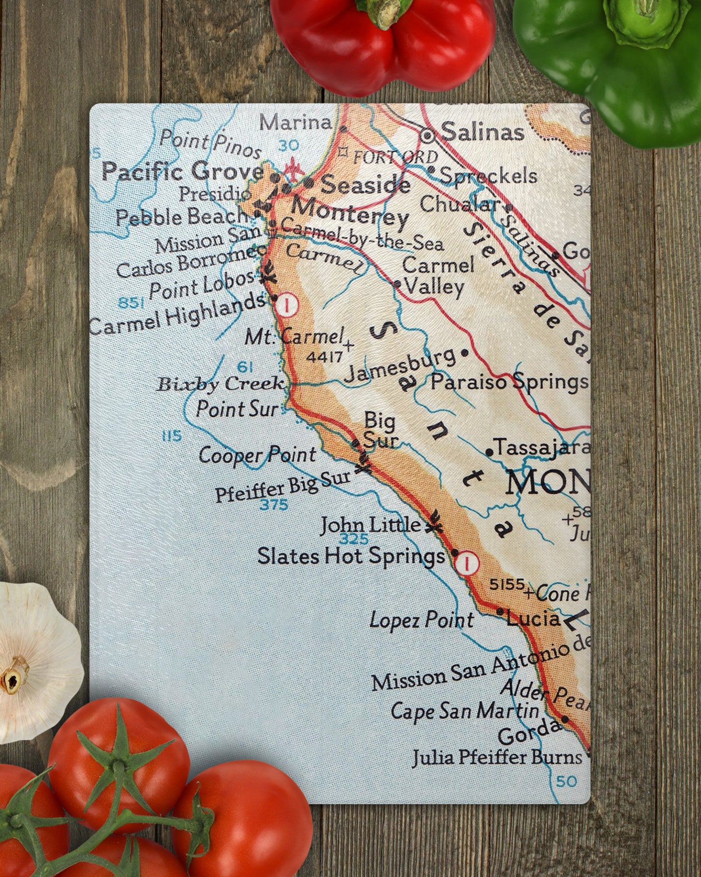Big Sur California Vintage Map Cutting Board Charcuterie