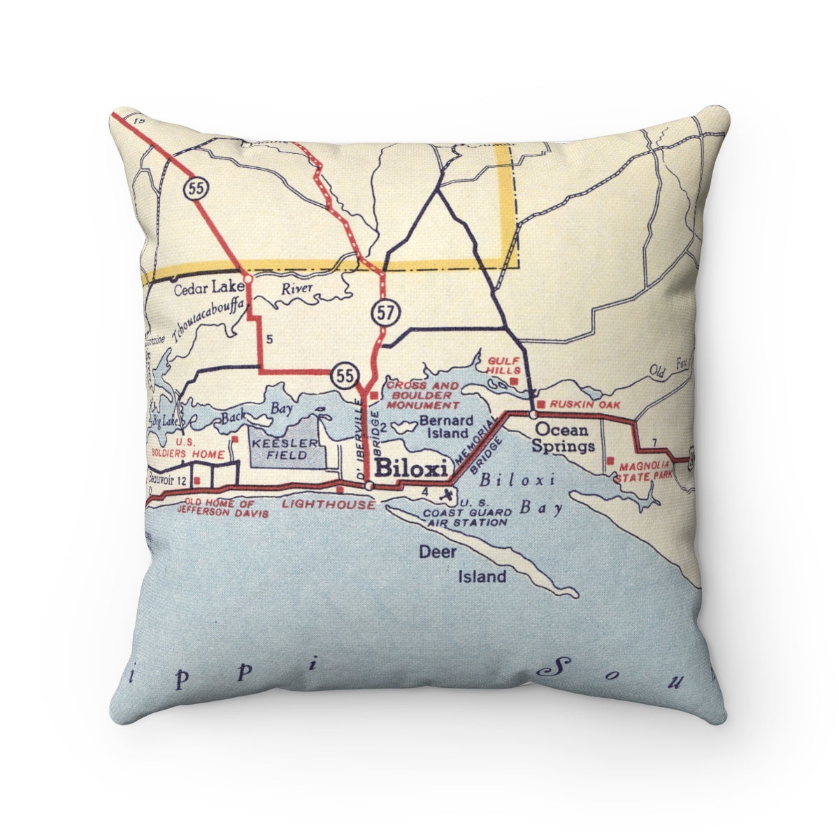 Biloxi Mississippi vintage map pillow