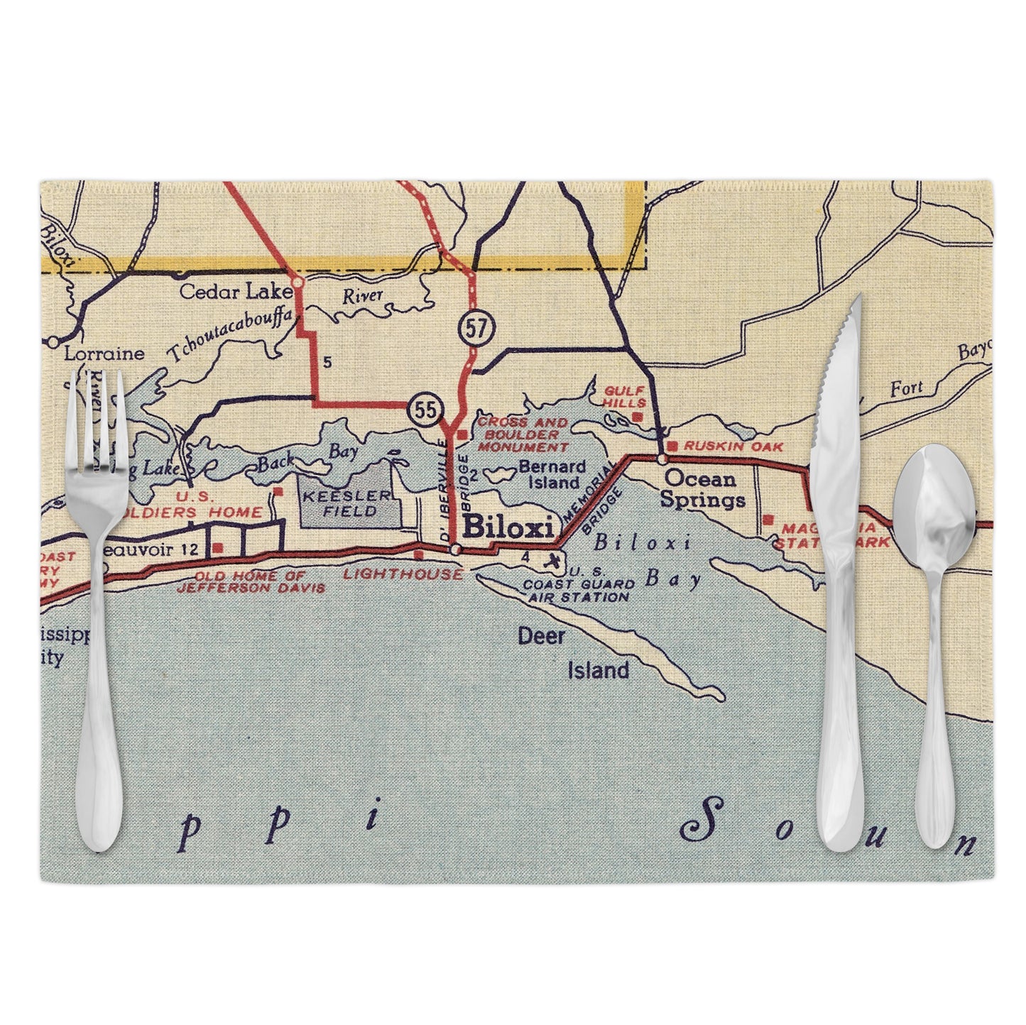 Biloxi Mississippi Vintage Map Placemats Set of 4