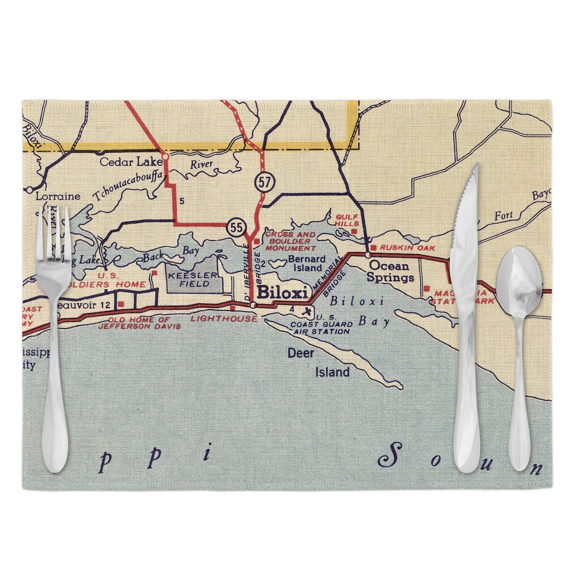Biloxi Mississippi Vintage Map Placemats Set of 4