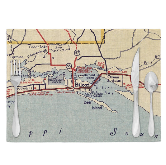 Biloxi Mississippi Vintage Map Placemats Set of 4