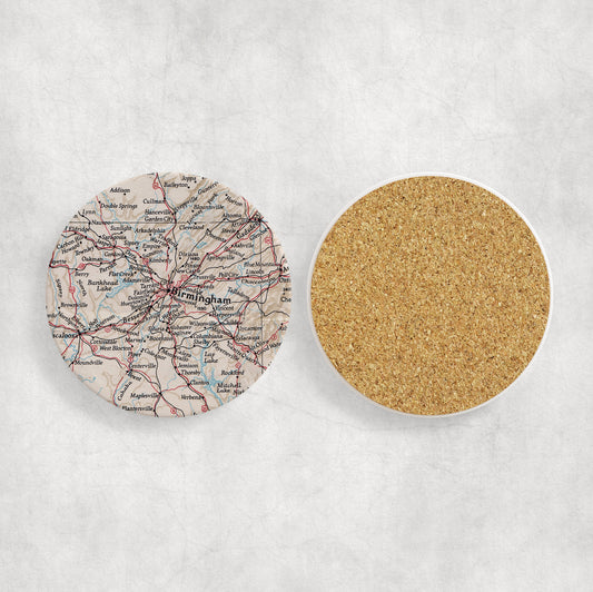 Birmingham Alabama Map Coasters | Set of 4 Vintage Birmingham Alabama Drink Coasters | Travel-Inspired Home Decor