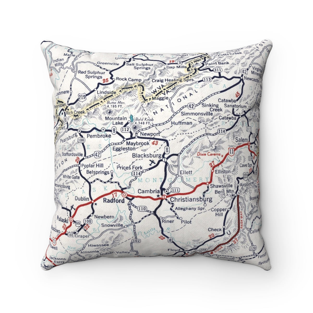 Blacksburg Virginia vintage map pillow
