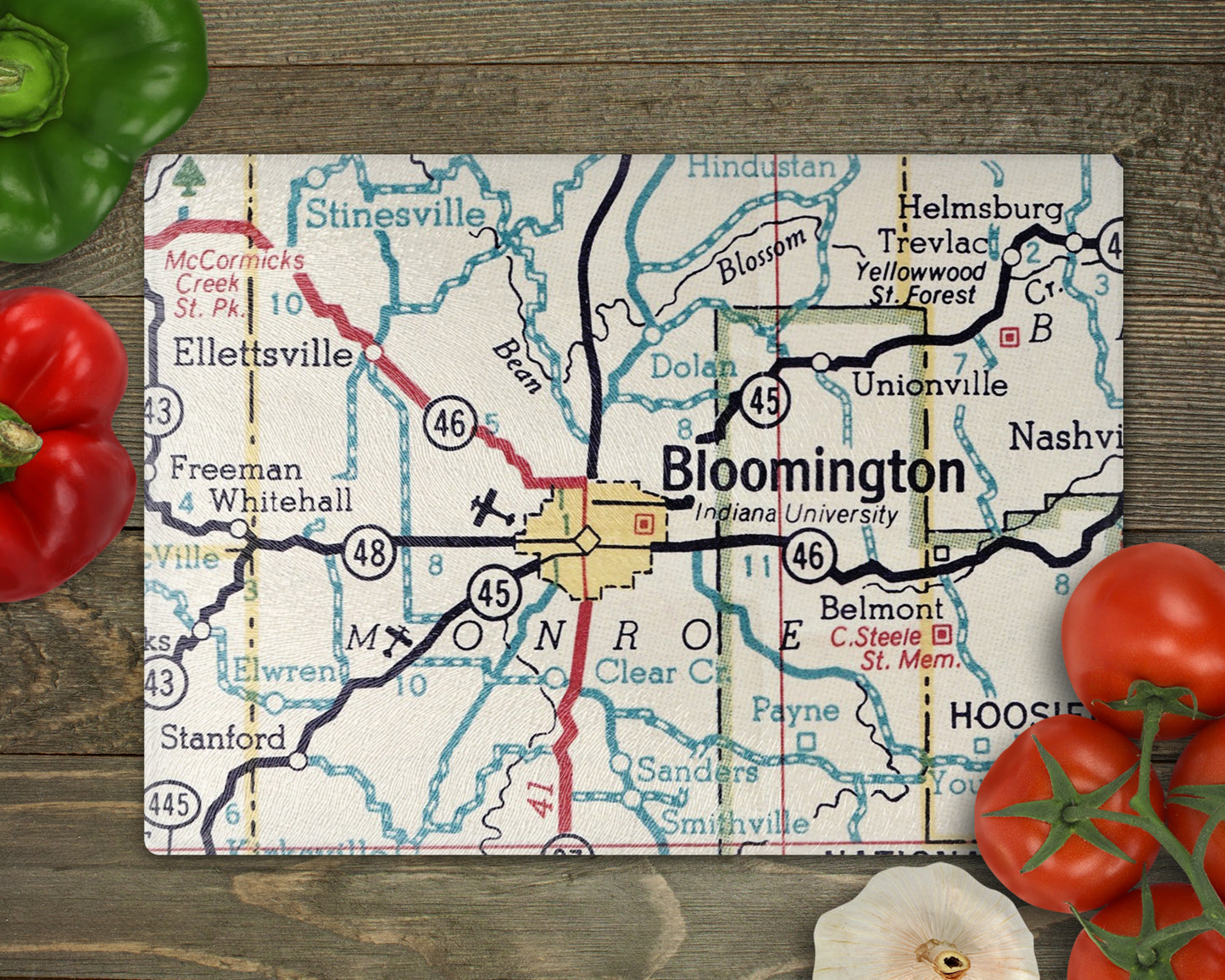 Bloomington Indiana Vintage Map Glass Cutting Board