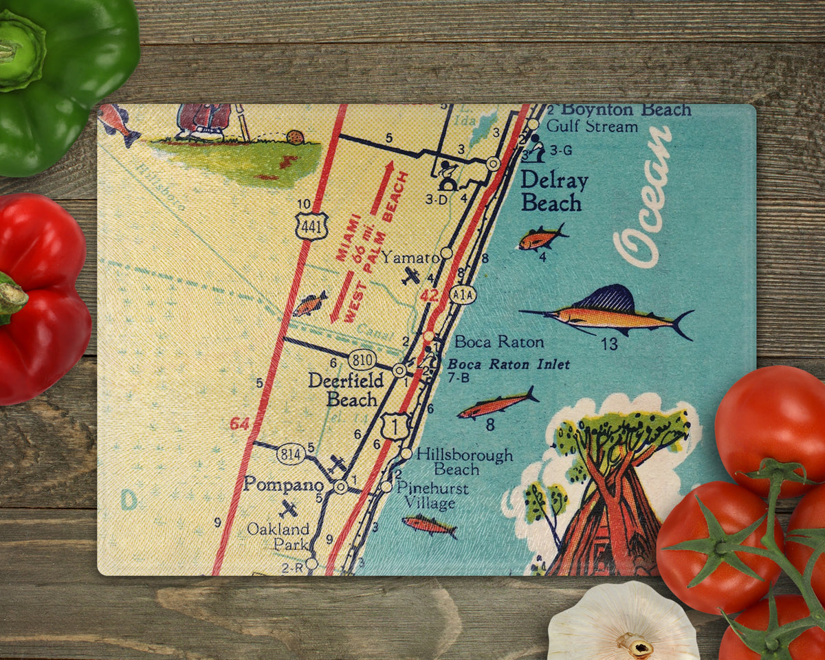 Boca Raton Florida Vintage Map Glass Cutting Board | Beach House Gift