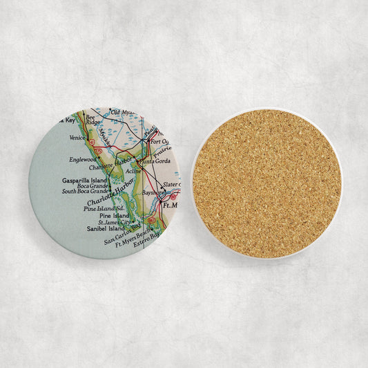 Boca Grande Florida Map Coasters | Set of 4 Vintage Boca Grande Florida Drink Coasters | Travel-Inspired Home Decor
