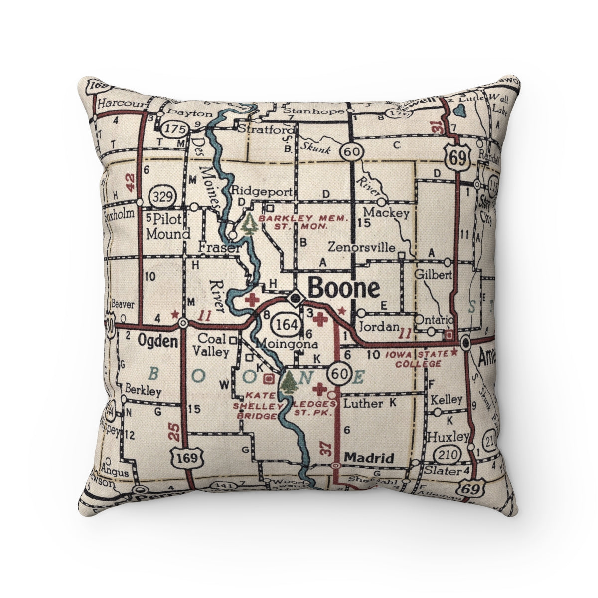 Boone Iowa vintage map pillow