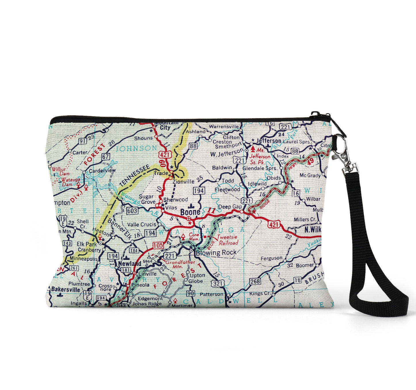 Boone North Carolina map wristlet travel pouch