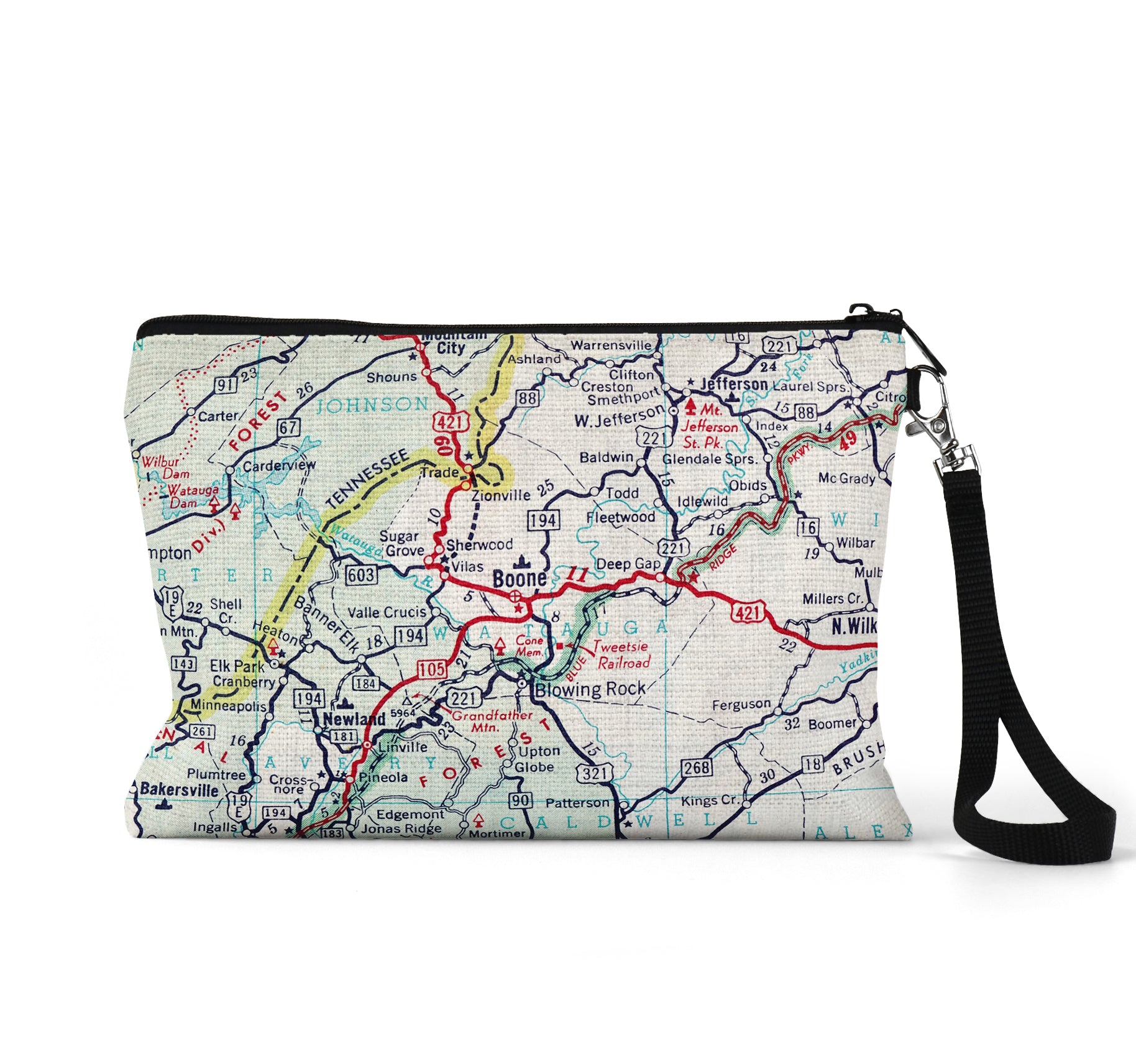 Boone North Carolina map wristlet travel pouch