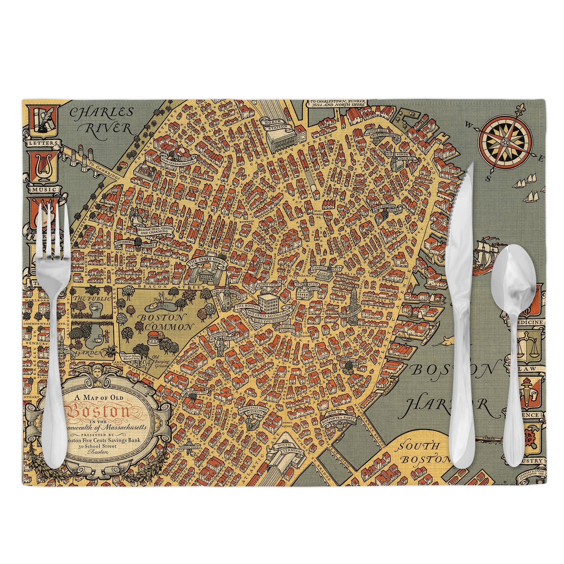 Boston Massachusetts Vintage Map Placemats Set of 4