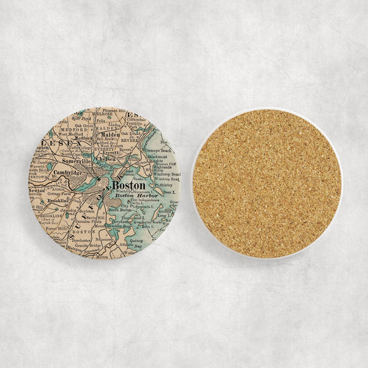 Boston Massachusetts Map Coasters | Set of 4 Vintage Boston Massachusetts Drink Coasters | Travel-Inspired Home Decor
