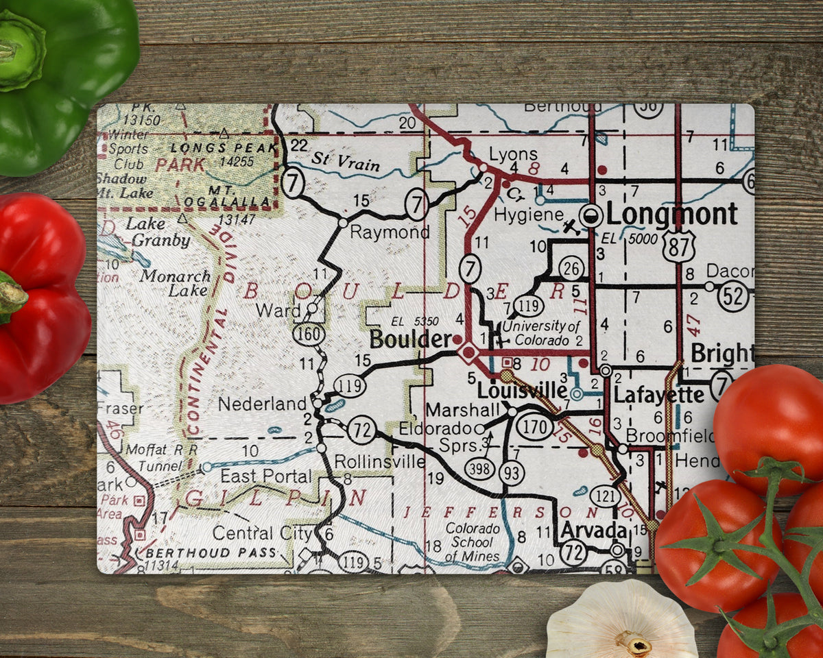 Boulder Colorado Vintage Map Glass Cutting Board
