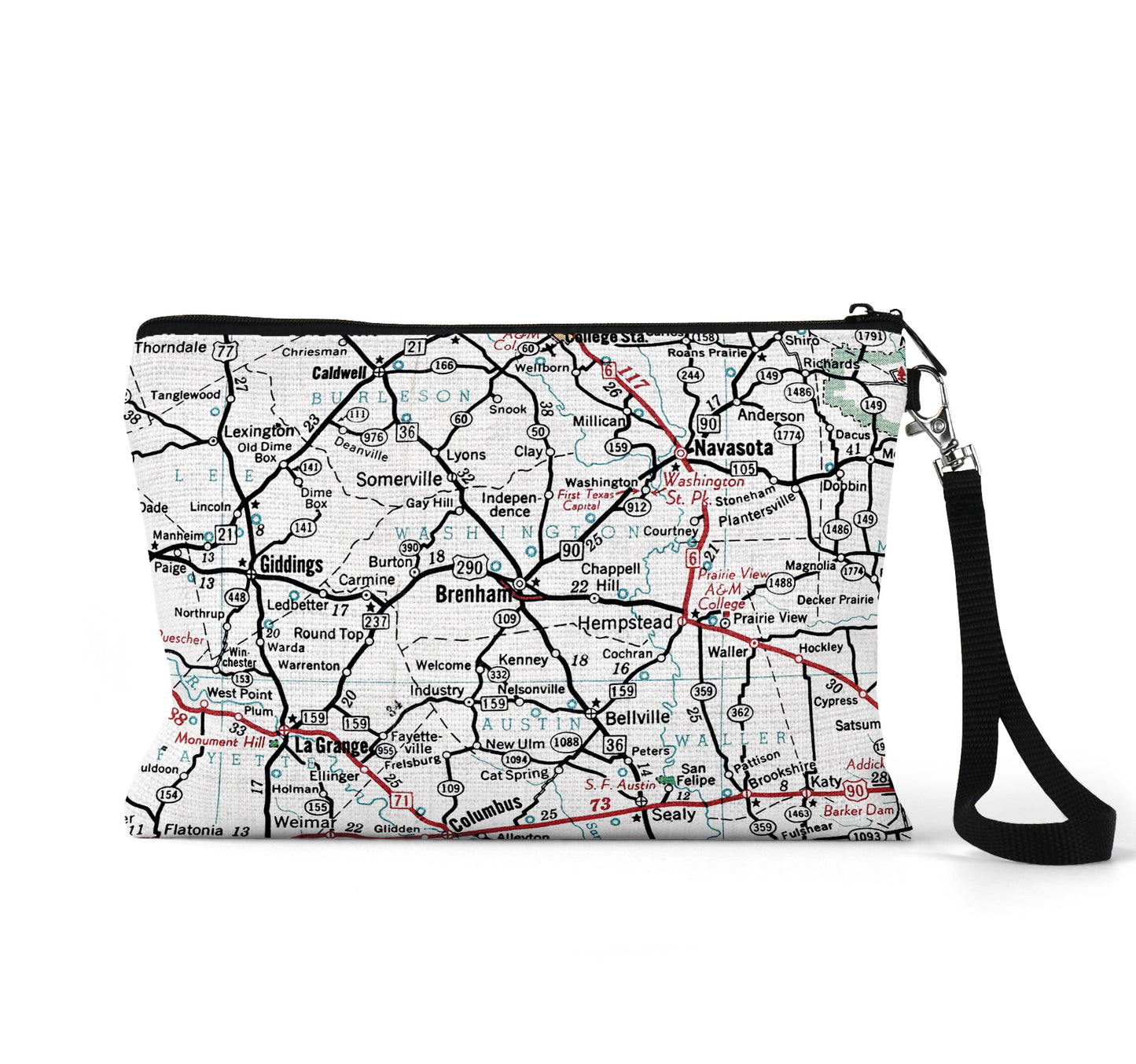 Brenham Texas map wristlet travel pouch