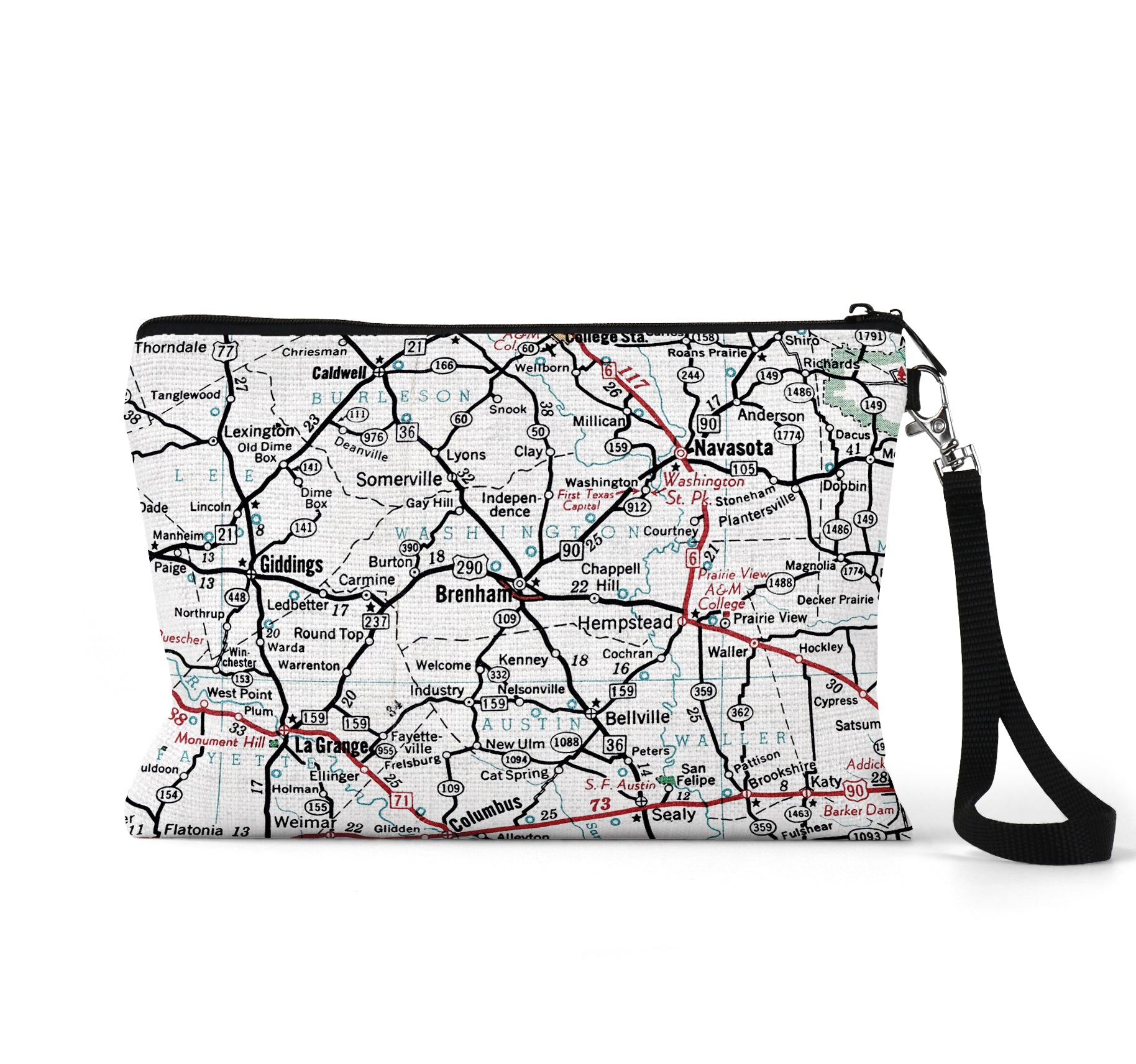Brenham Texas map wristlet travel pouch