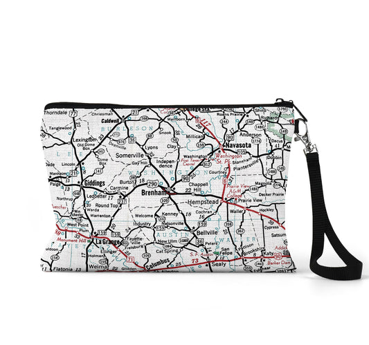 Brenham Texas map wristlet travel pouch