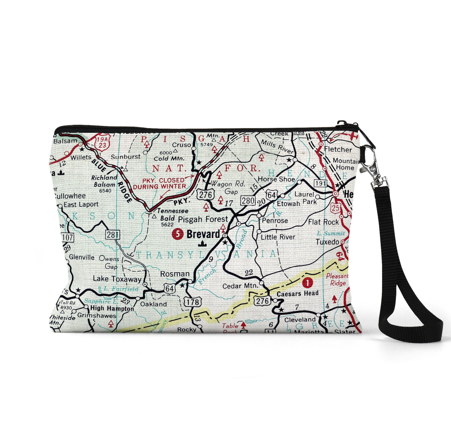 Brevard North Carolina map wristlet travel pouch