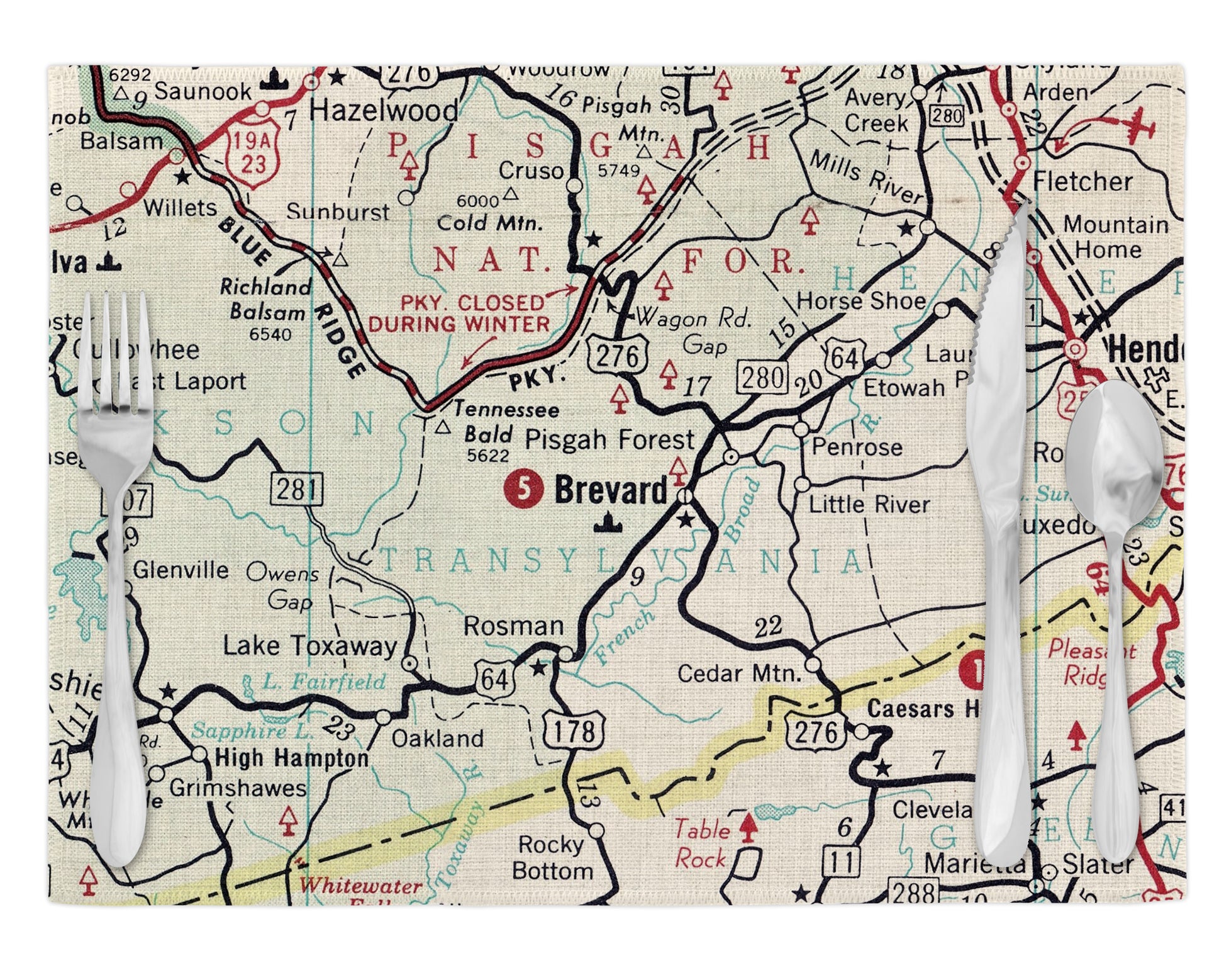 Brevard North Carolina Vintage Map Placemats Set of 4