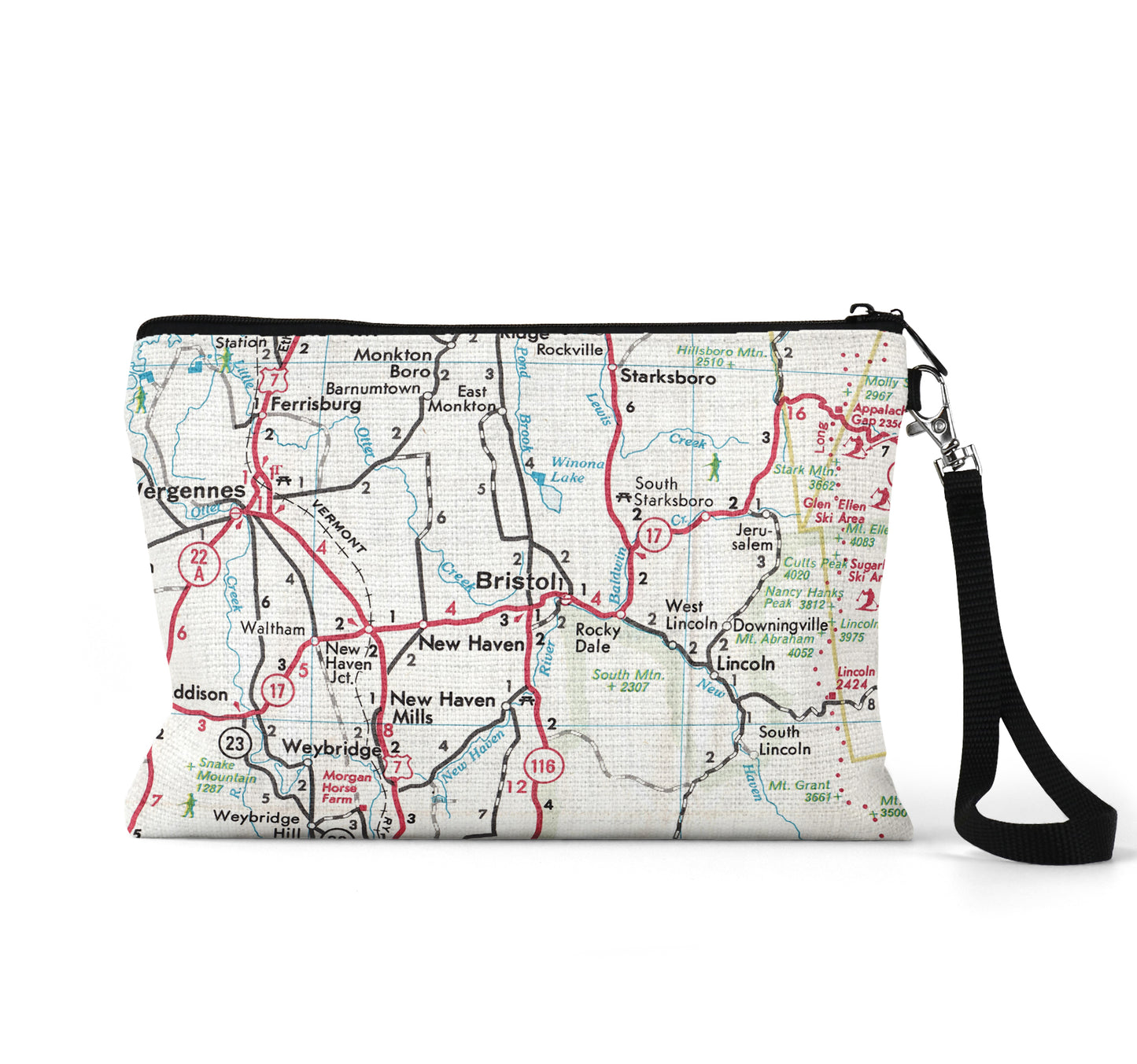 Bristol Vermont map wristlet travel pouch