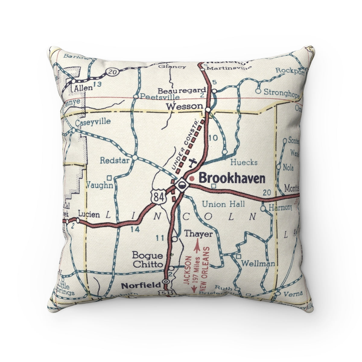 Brookhaven Mississippi vintage map pillow