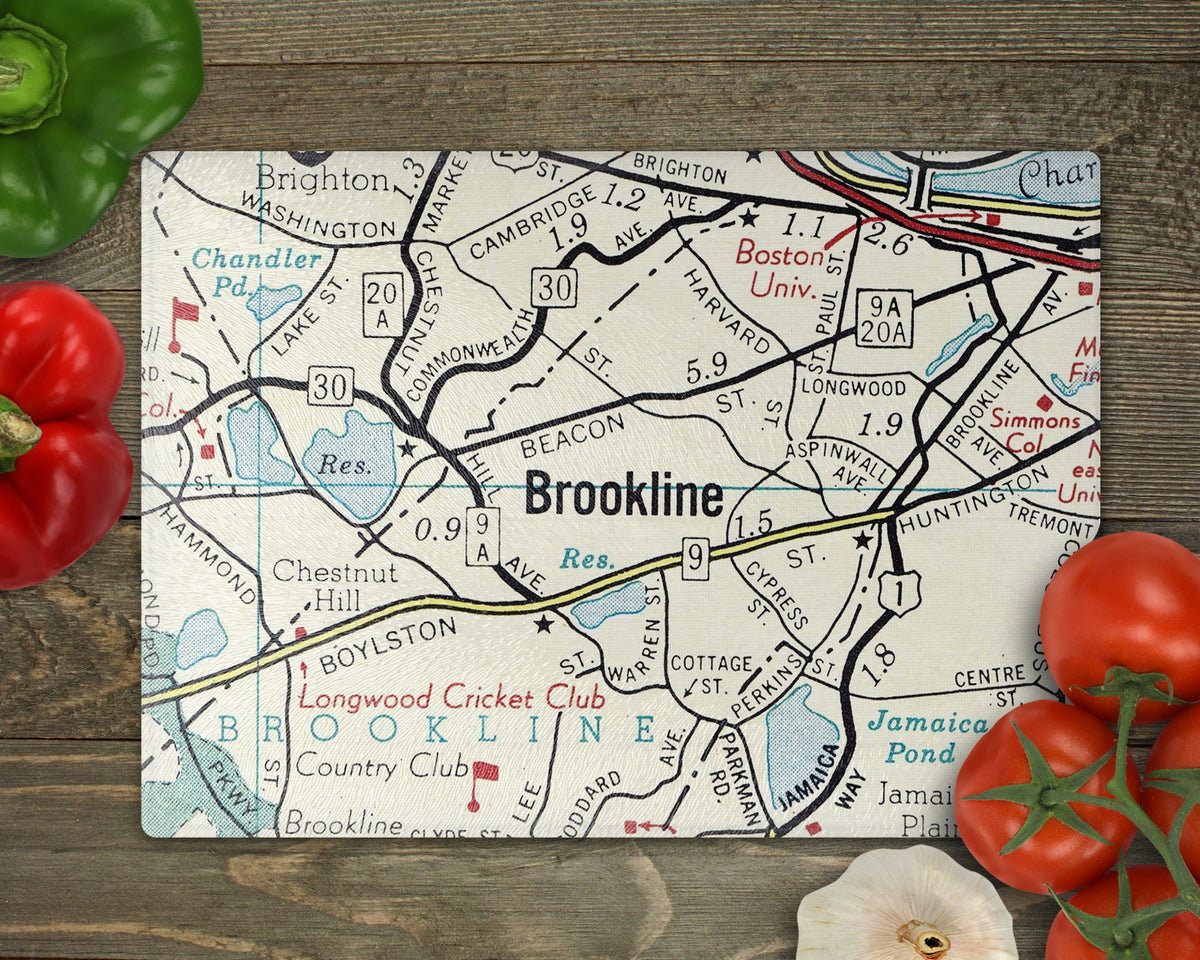 Brookline Massachusetts Vintage Map Glass Cutting Board
