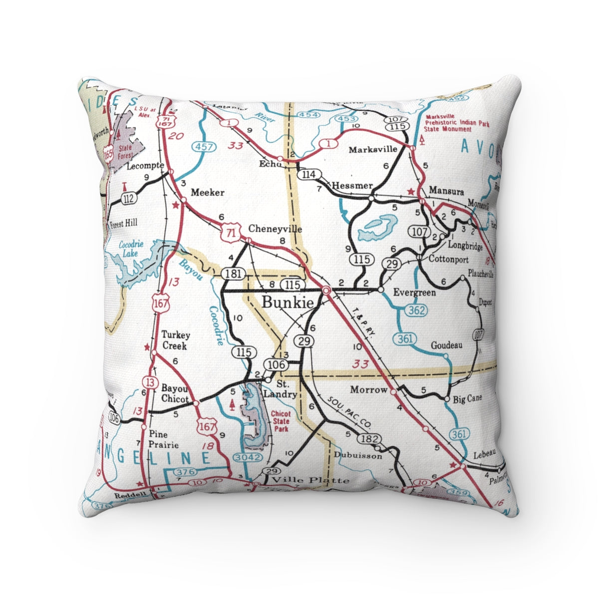 Bunkie Louisiana vintage map pillow