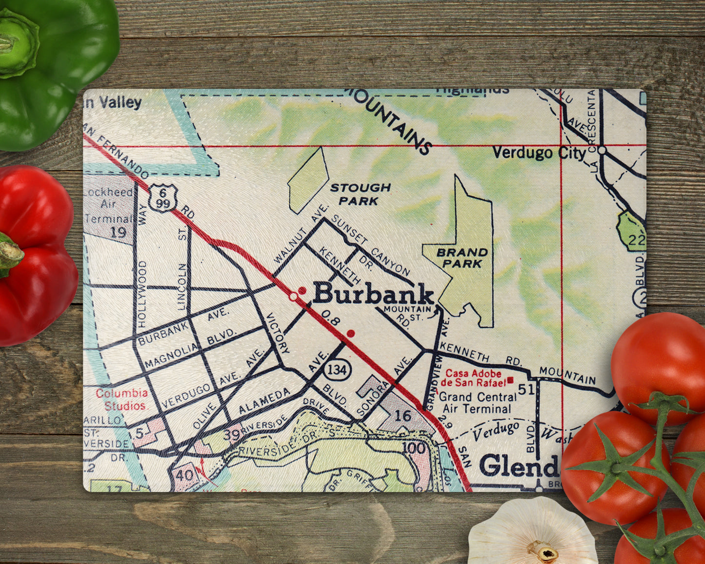 Burbank California Vintage Map Glass Cutting Board Charcuterie