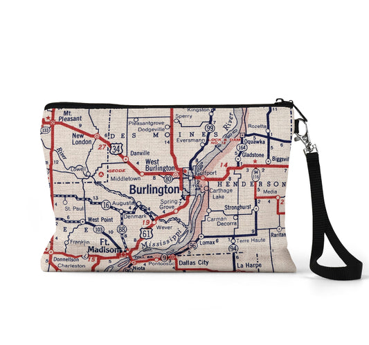 Burlington Iowa map wristlet travel pouch