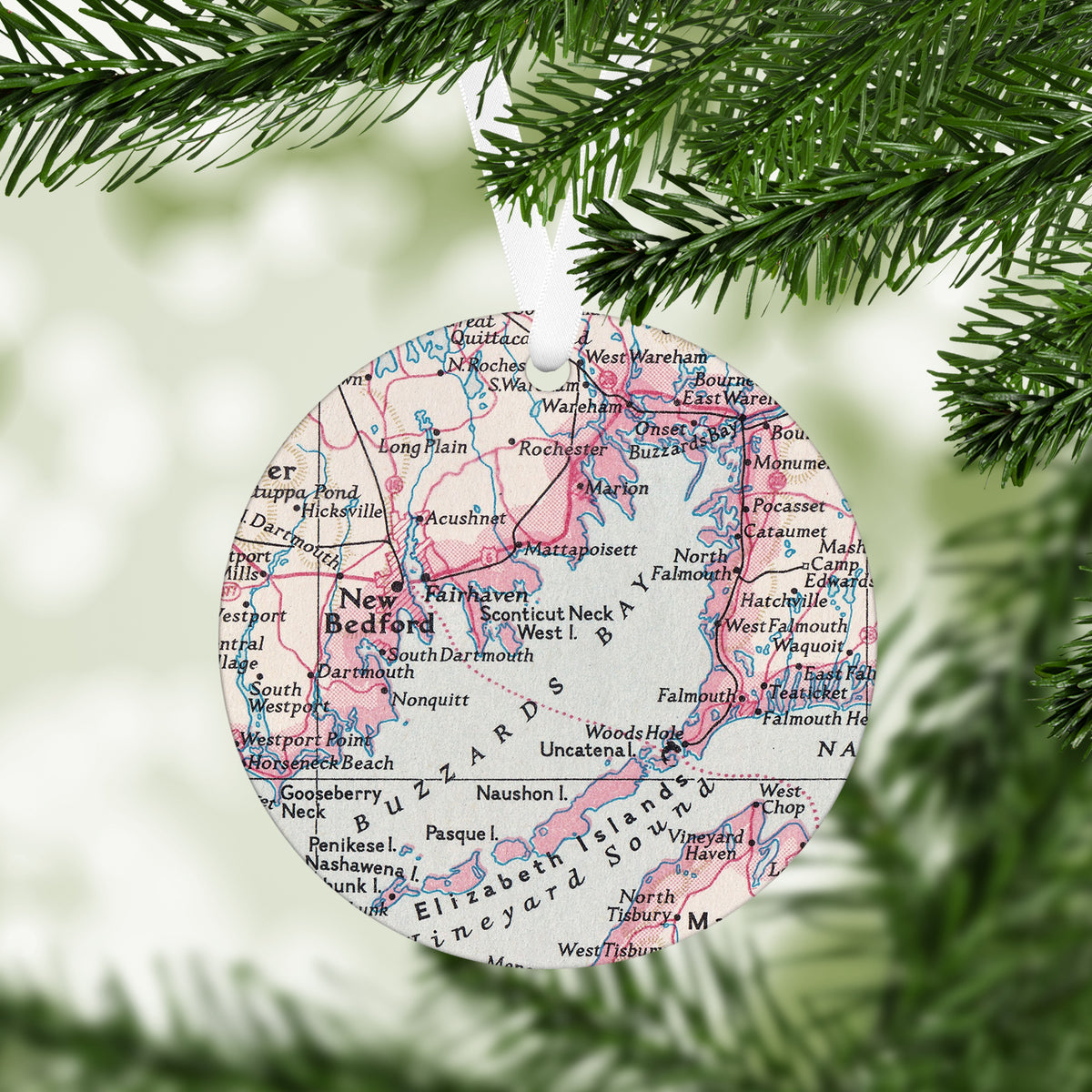 Vintage map of Buzzards Bay Massachusetts on a round Christmas ornament