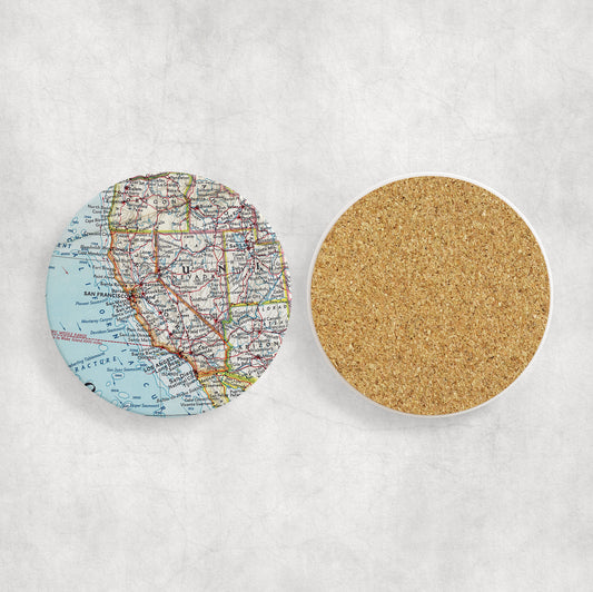 California Map Coasters | Set of 4 Vintage California Drink Coasters | Travel-Inspired Home Decor