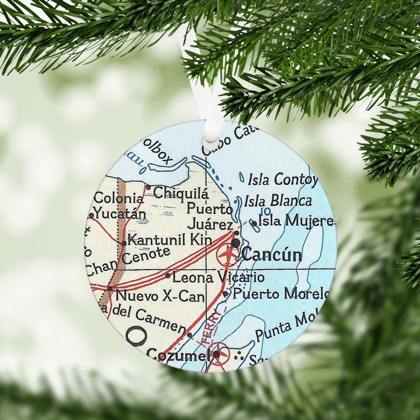 Cancun Mexico Vintage Map Ornament