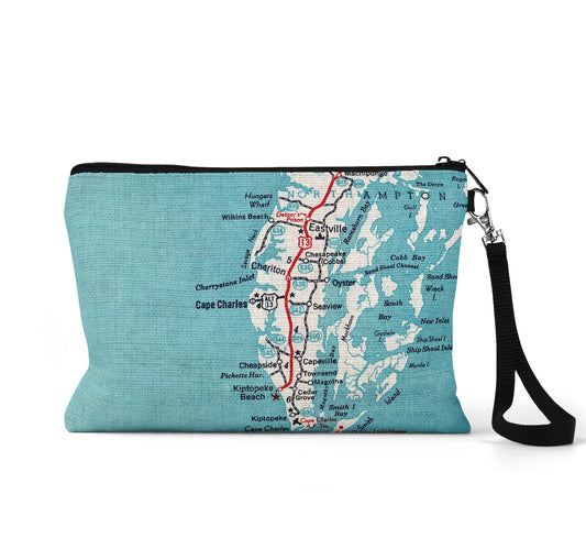 Cape Charles Virginia map wristlet travel pouch