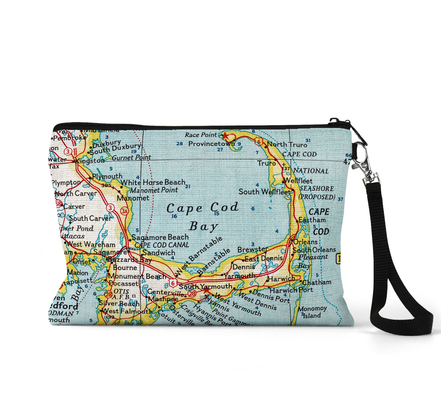 Cape Cod Vintage Map Wristlet – Coastal Travel Pouch with Strap