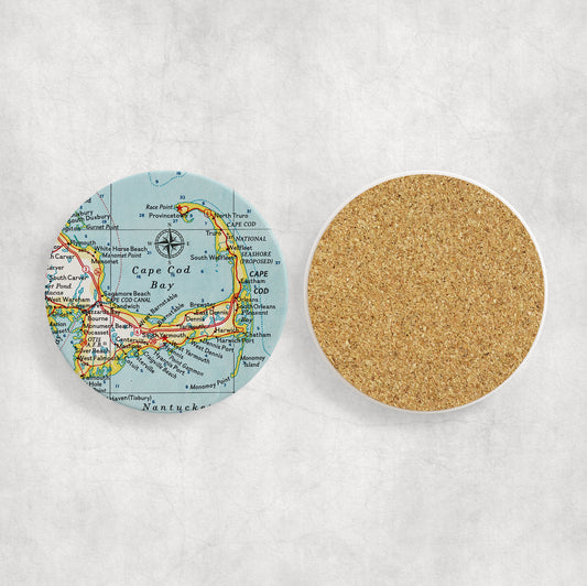 Cape Cod Massachusetts Map Coasters | Set of 4 Vintage Cape Cod Massachusetts Drink Coasters | Travel-Inspired Home Decor
