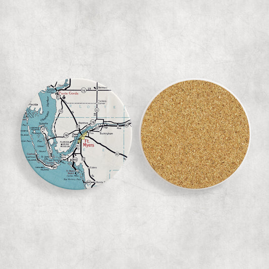 Cape Coral Florida Map Coasters | Set of 4 Vintage Cape Coral Florida Drink Coasters | Travel-Inspired Home Decor