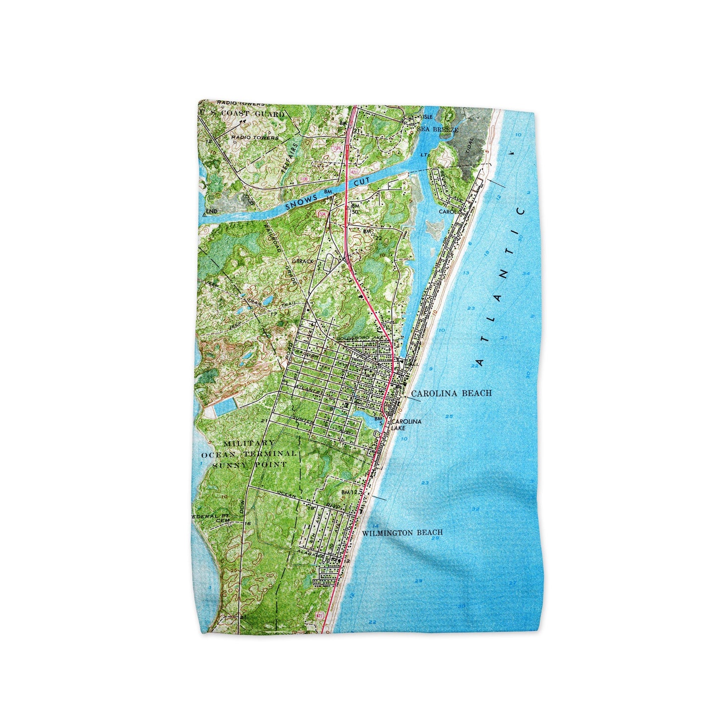 Carolina Beach Map Tea Towel | Waffle-Weave Kitchen Towel Gift