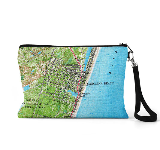 Carolina Beach North Carolina map wristlet travel pouch