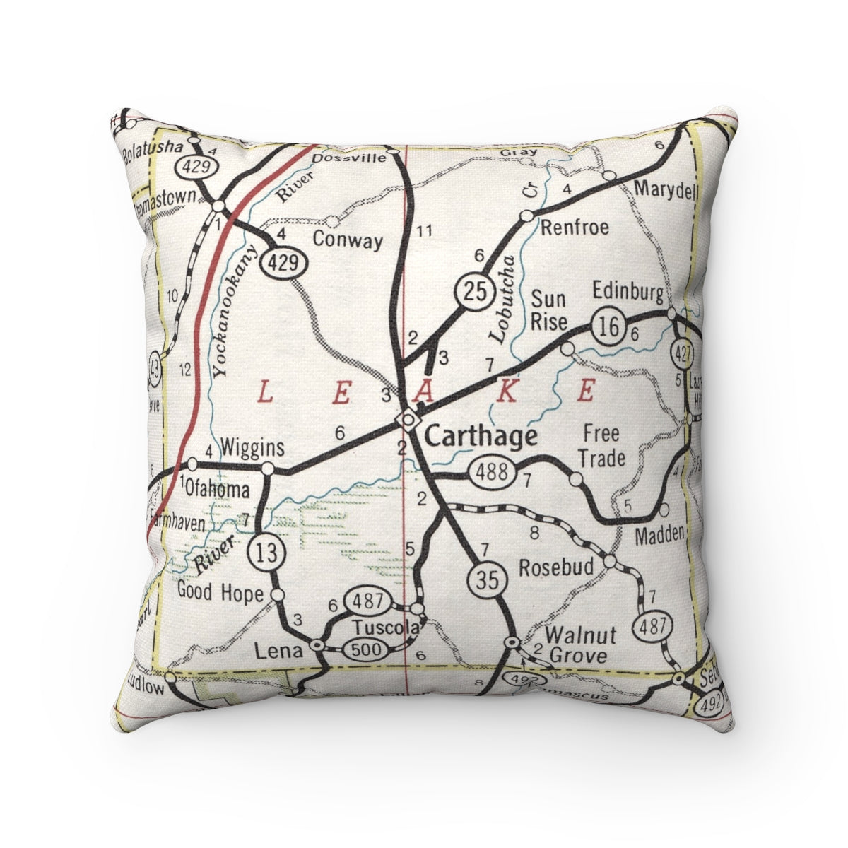 Carthage Mississippi vintage map pillow