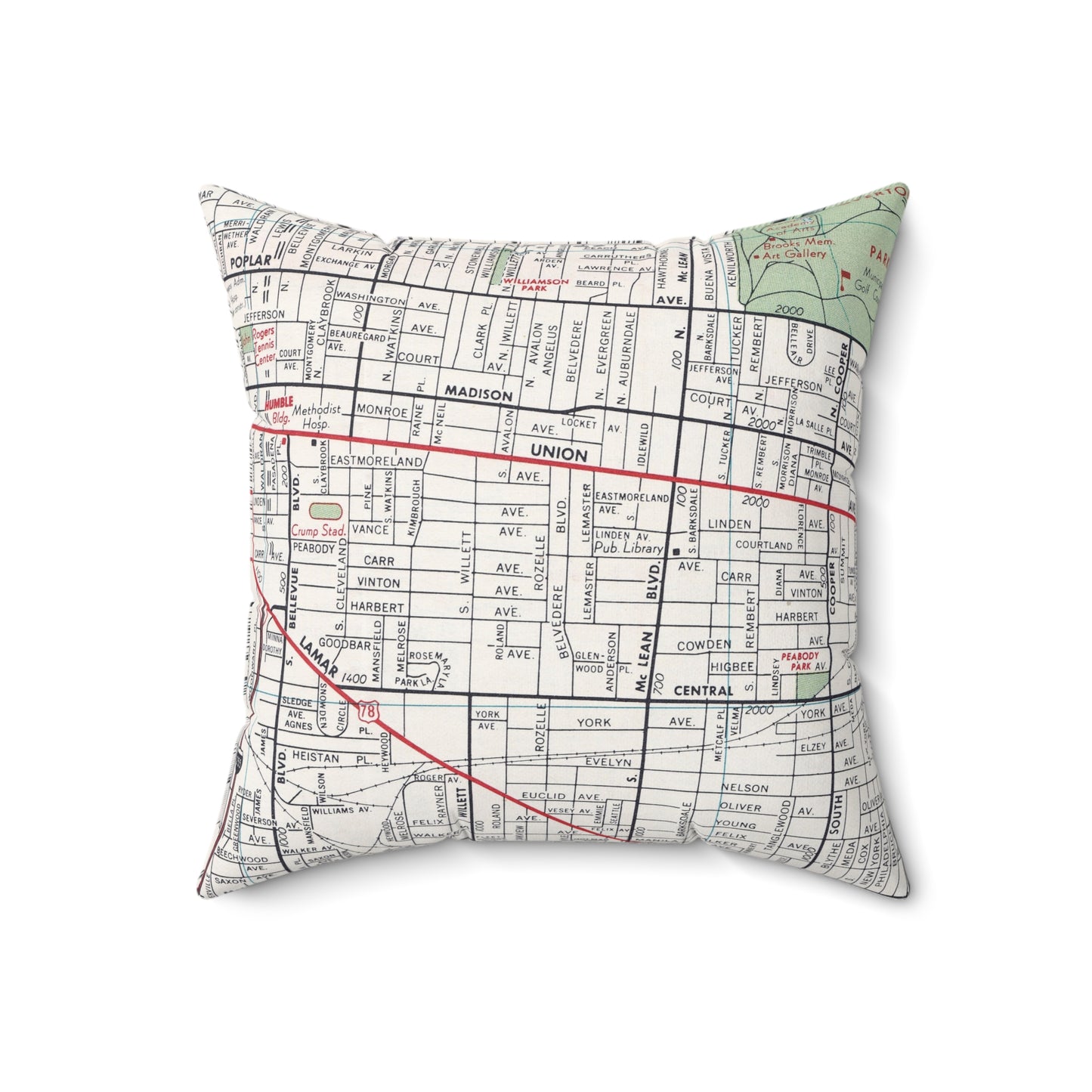 Central Gardens Memphis vintage map pillow