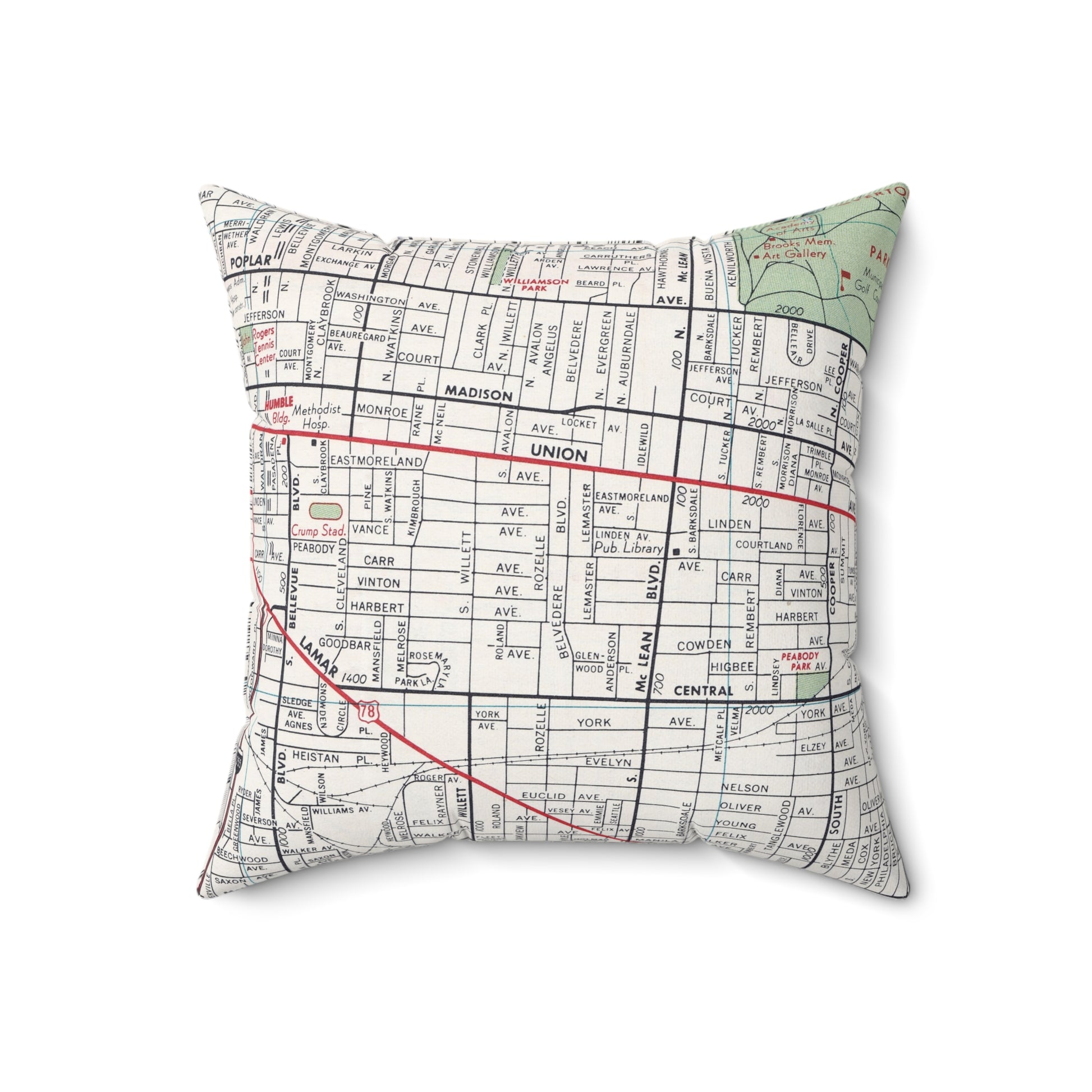 Central Gardens Memphis vintage map pillow