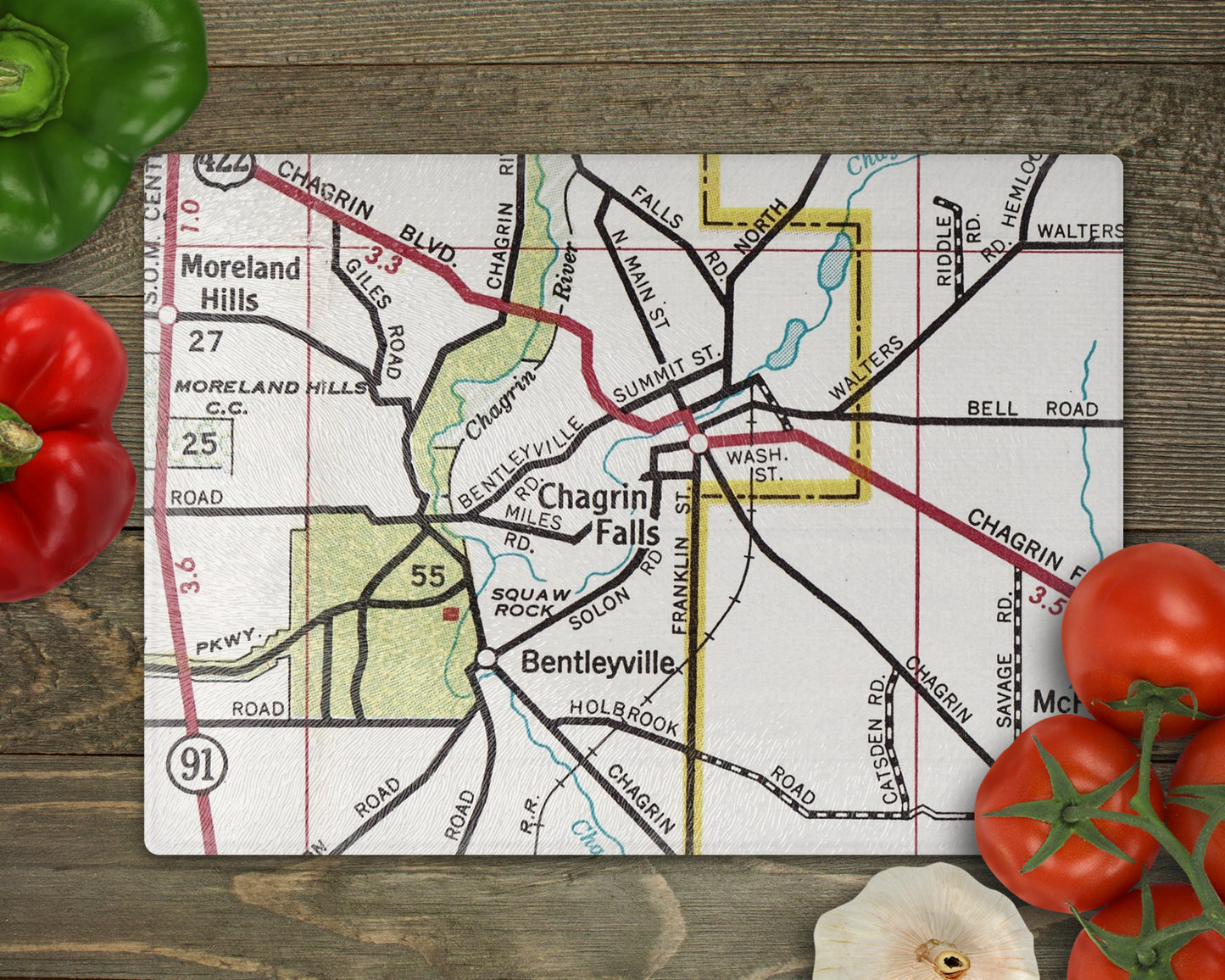 Chagrin Falls Ohio Vintage Map Glass Cutting Board