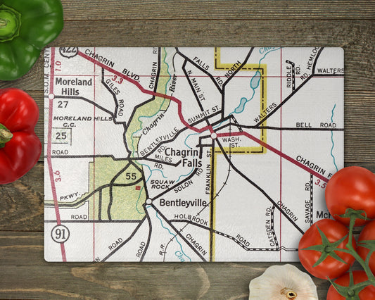 Chagrin Falls Ohio vintage map glass cutting board